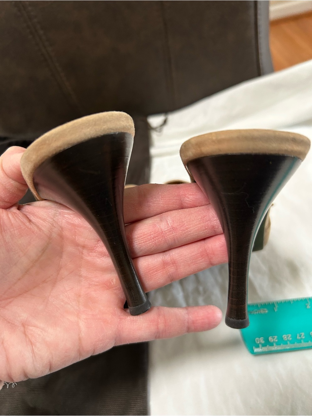 Donald J. Pliner Tan Suede Slide Heels with Gold Insoles - Picture 9 of 10
